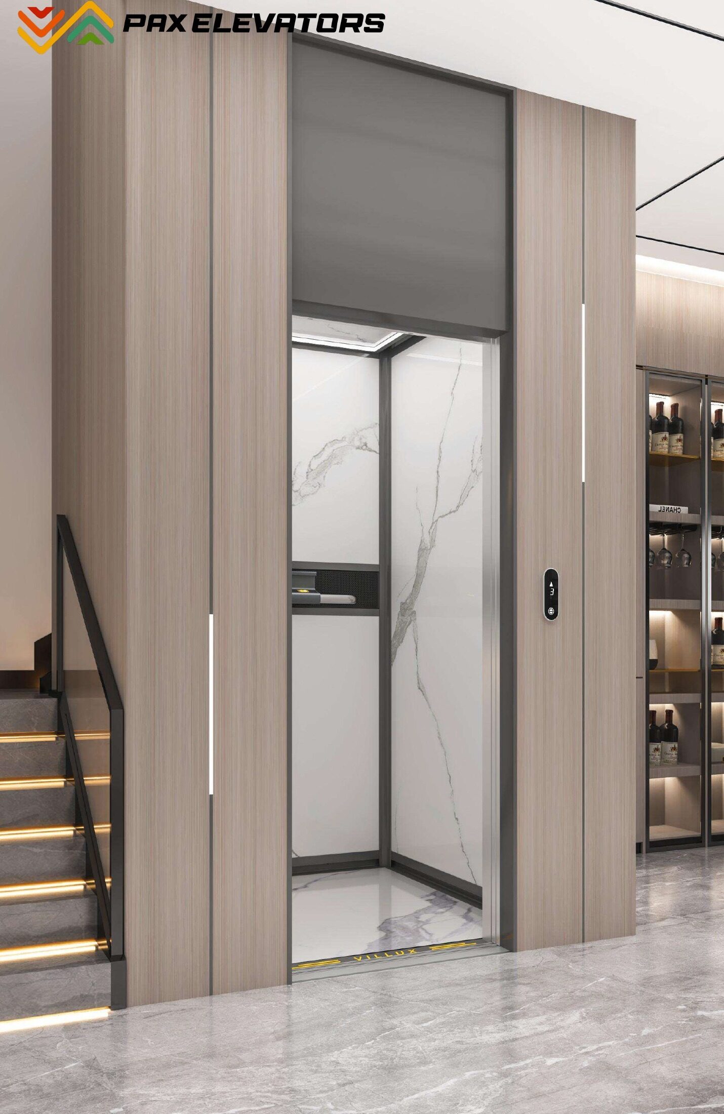 Cabina home-lift VILLUX-Max premium con piedra sinterizada y titanio negro.