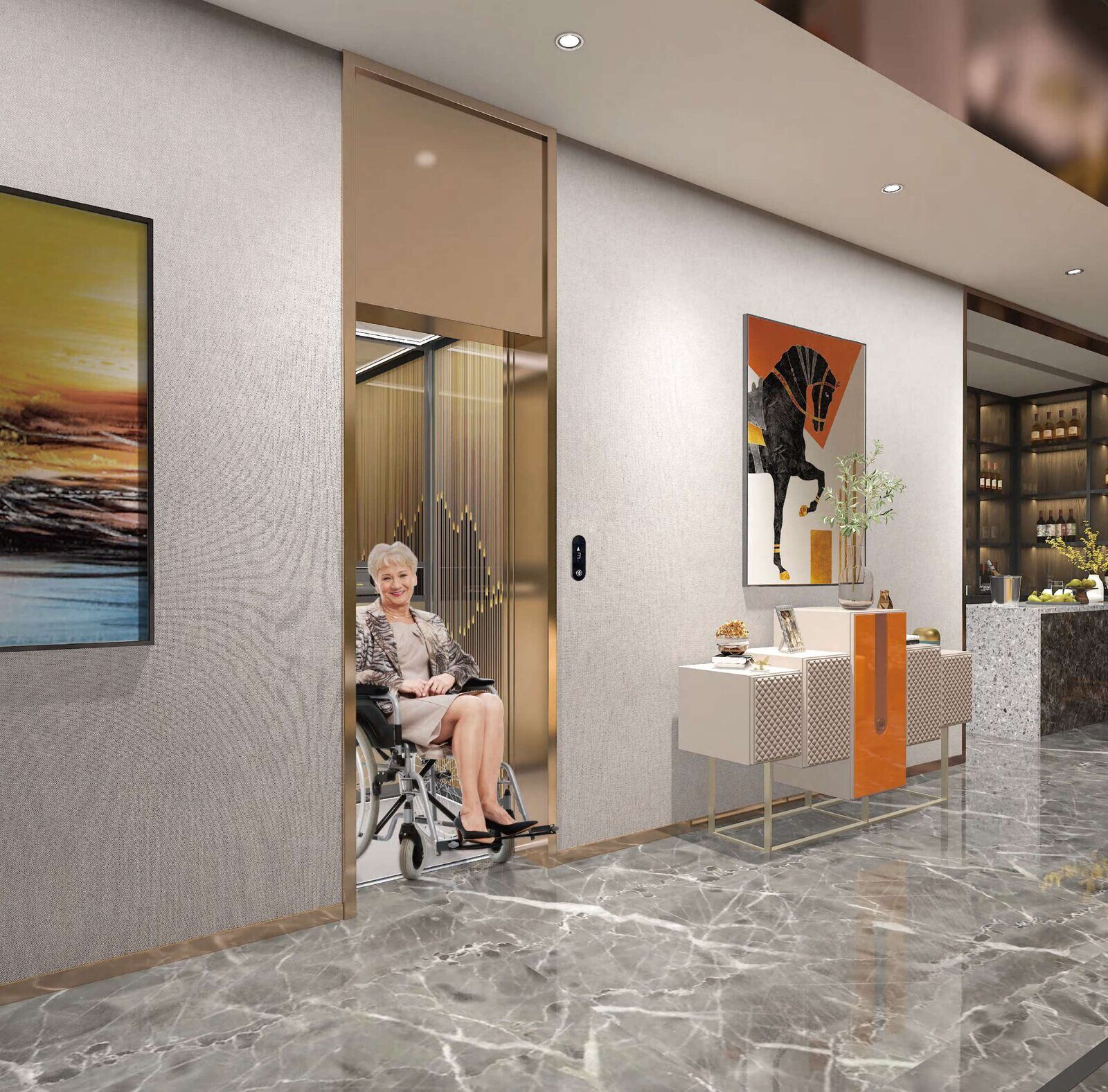 Acceso a ascensor VILLUX con usuaria en silla de ruedas en hall premium.