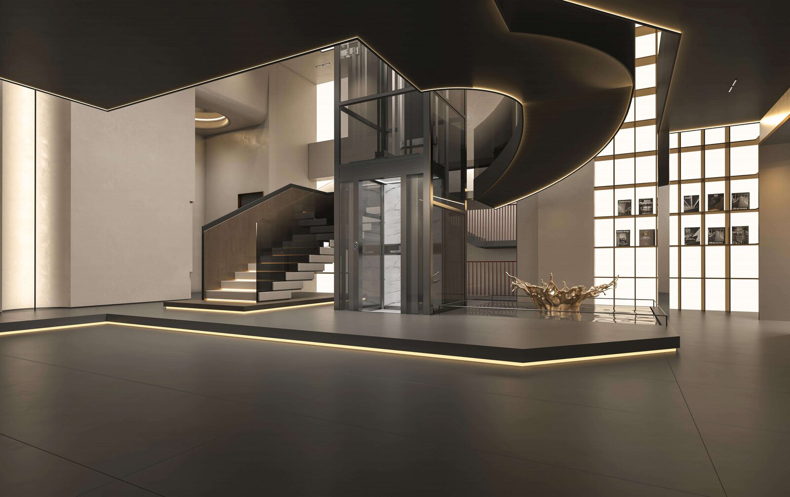 Ascensor VILLUX integrado en residencia con escalera circular y techo dramático.